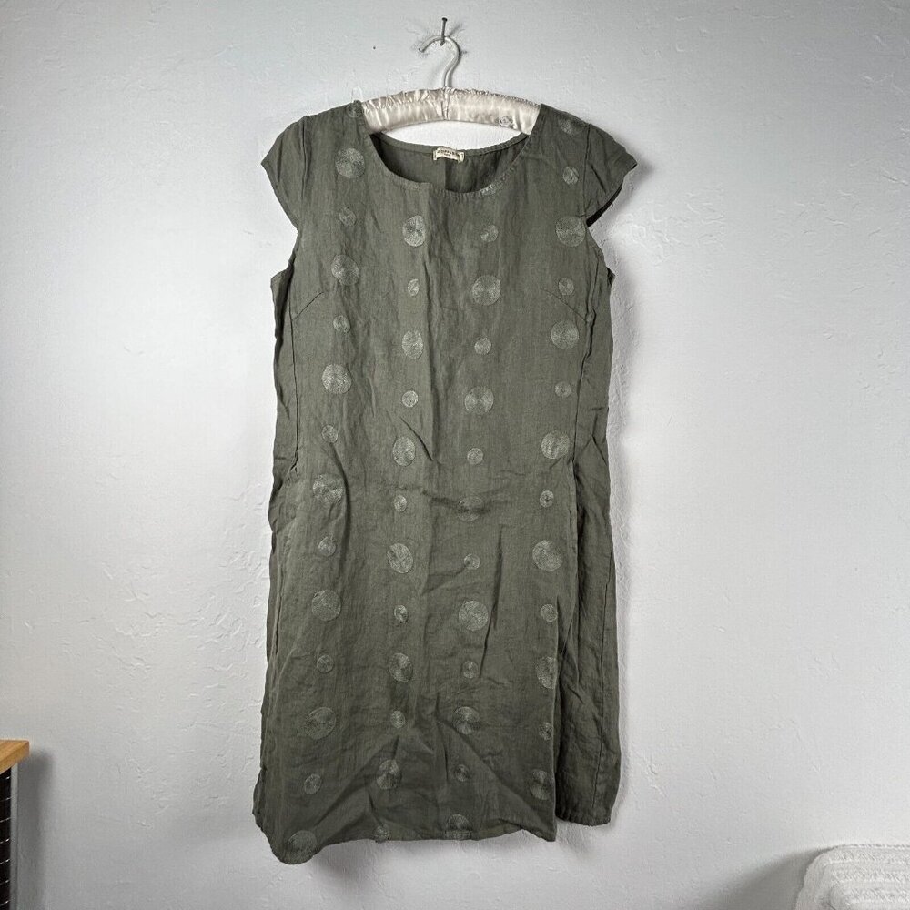 HD Diffusion Paris Women Green Polka Dots Linen Short Cap Sleeves Shirt Dress